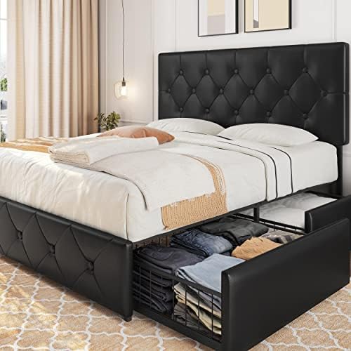 Yaheetech Queen Size Upholstered Bed Frame with 4 Drawers and Adjustable Headboard, Faux Leather Platform Bed with Mattress Foundation Strong Wooden Slats Support, No Box Spring Needed, Black Yaheetech Queen Size Upholstered Bed Frame with 4 Drawers and Adjustable Headboard, Faux Leather Platform Bed with Mattress Foundation Strong Wooden Slats Support, No Box Spring Needed, Black