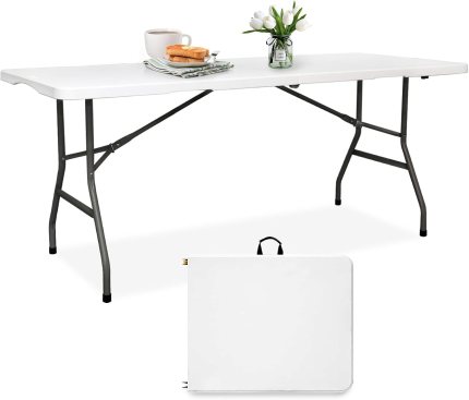 Folding Table HDPE 6FT Foldable Table Portable Banquet Surface Fold-in-Half Desk Utility for Working Meeting Parties, Picnic, Camping, Weddings, Catering, Garden Dining-White Folding Table HDPE 6FT Foldable Table Portable Banquet Surface Fold-in-Half Desk Utility for Working Meeting Parties, Picnic, Camping, Weddings, Catering, Garden Dining-White