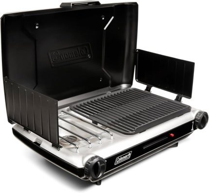 Coleman Tabletop 2-in-1 Grill & Stove with 2 Adjustable Burners Propane Grill/Stove with Push-Button Starter Wind Guards Grease Tray & 20000 BTUs of Power for Camping Tailgating & More Coleman Tabletop 2-in-1 Grill & Stove with 2 Adjustable Burners Propane Grill/Stove with Push-Button Starter Wind Guards Grease Tray & 20000 BTUs of Power for Camping Tailgating & More