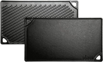 Lodge Reversible Cast Iron Grill/Griddle – 9.5 x 16.75 Inch Pre-Seasoned Cooking Surface – Flat & Ribbed Sides – Use on Stove, Grill, or Campfire – Made in the USA – Heavy-Duty, Black Lodge Reversible Cast Iron Grill/Griddle – 9.5 x 16.75 Inch Pre-Seasoned Cooking Surface – Flat & Ribbed Sides – Use on Stove, Grill, or Campfire – Made in the USA – Heavy-Duty, Black