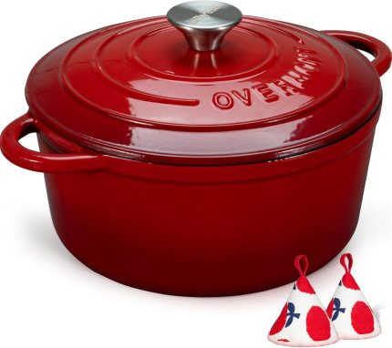 Overmont Enameled Cast Iron Dutch Oven – 5.5QT Pot with Lid Cookbook & Cotton Potholders – Heavy-Duty Cookware for Braising, Stews, Roasting, Bread Baking red Overmont Enameled Cast Iron Dutch Oven – 5.5QT Pot with Lid Cookbook & Cotton Potholders – Heavy-Duty Cookware for Braising, Stews, Roasting, Bread Baking red