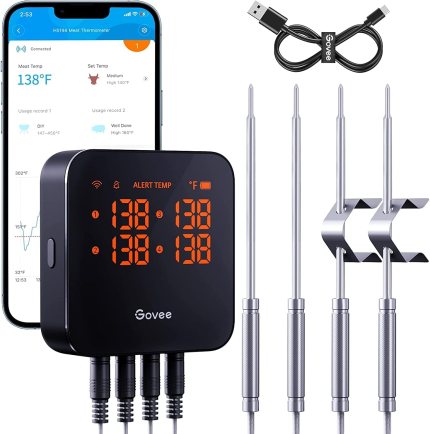 Govee Wireless Meat Thermometer with 4 Probe, Smart WiFi Meat Thermometer with Unlimited Range App Notification Alert, Digital Rechargeable Bluetooth Food Thermometer for Smoker BBQ Grill Oven Kitchen Govee Wireless Meat Thermometer with 4 Probe, Smart WiFi Meat Thermometer with Unlimited Range App Notification Alert, Digital Rechargeable Bluetooth Food Thermometer for Smoker BBQ Grill Oven Kitchen