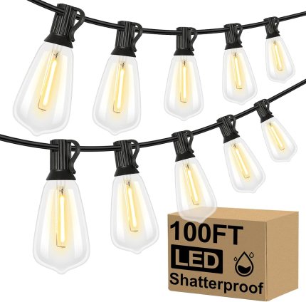 Brightever LED Outdoor String Lights 100FT Patio Lights with 52 Shatterproof ST38 Vintage Edison Bulbs, Outside Hanging Light Waterproof for Porch, Deck, Garden, Backyard, Balcony, Dimmable 2700K Brightever LED Outdoor String Lights 100FT Patio Lights with 52 Shatterproof ST38 Vintage Edison Bulbs, Outside Hanging Light Waterproof for Porch, Deck, Garden, Backyard, Balcony, Dimmable 2700K
