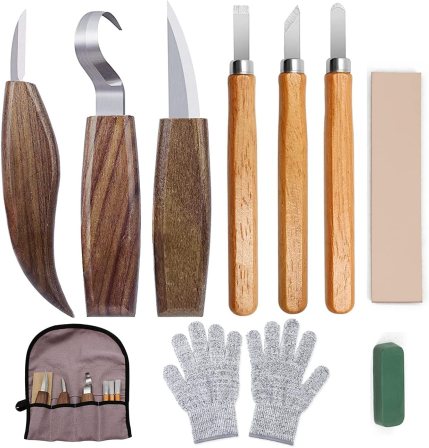 10Pcs Wood Carving Kit, Beginner Set With Resistant Gloves, Spoon & Whittling Knife, Sandpaper for Woodworking 10Pcs Wood Carving Kit, Beginner Set With Resistant Gloves, Spoon & Whittling Knife, Sandpaper for Woodworking