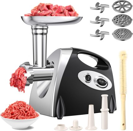Electric Meat Grinder, 2500W Max Meat Grinder with Stainless Steel 3 Blades and 3 Grinder Plates, Sausage Stuffer Tube & Kubbe Kit, Heavy Duty Meat Grinder for Home Kitchen & Commercial Using Electric Meat Grinder, 2500W Max Meat Grinder with Stainless Steel 3 Blades and 3 Grinder Plates, Sausage Stuffer Tube & Kubbe Kit, Heavy Duty Meat Grinder for Home Kitchen & Commercial Using