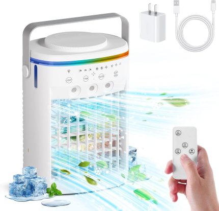 Portable Air Conditioner,Cooling Fan with 3 Speeds &3 Modes,2-8H Timer,1000ml Water Tank, Remote Control,4 in 1 Humidifier, Air Conditioner,Fan,Night Light,Evaporative Air Cooler for Home,Office Portable Air Conditioner,Cooling Fan with 3 Speeds &3 Modes,2-8H Timer,1000ml Water Tank, Remote Control,4 in 1 Humidifier, Air Conditioner,Fan,Night Light,Evaporative Air Cooler for Home,Office