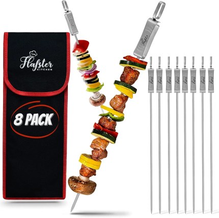 FLAFSTER KITCHEN BBQ Skewers for Grilling – 16″ Stainless Steel Flat Kebab Sticks with Push Bar, Reusable Metal Shish Kabob Skewers, Set of 6 FLAFSTER KITCHEN BBQ Skewers for Grilling – 16″ Stainless Steel Flat Kebab Sticks with Push Bar, Reusable Metal Shish Kabob Skewers, Set of 6