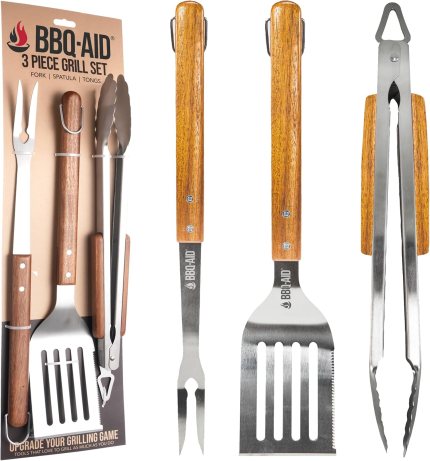 3 Piece BBQ Grilling Accessories Set – BBQ Tongs Spatula Fork Set – Heavy Duty Stainless Steel Barbecue Grill Tools with Solid Hard Wood Handles Great Gift Set 3 Piece BBQ Grilling Accessories Set – BBQ Tongs Spatula Fork Set – Heavy Duty Stainless Steel Barbecue Grill Tools with Solid Hard Wood Handles Great Gift Set