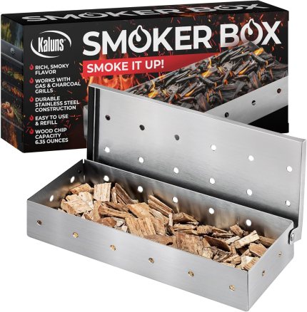 Kaluns Universal Stainless Steel Smoker Box, Gas or Charcoal Grill Smoke Box, Works with Wood Chips, add Delicious Smoked Flavor, Hinged Lid,Warp Free Grill Accessories Kaluns Universal Stainless Steel Smoker Box, Gas or Charcoal Grill Smoke Box, Works with Wood Chips, add Delicious Smoked Flavor, Hinged Lid,Warp Free Grill Accessories