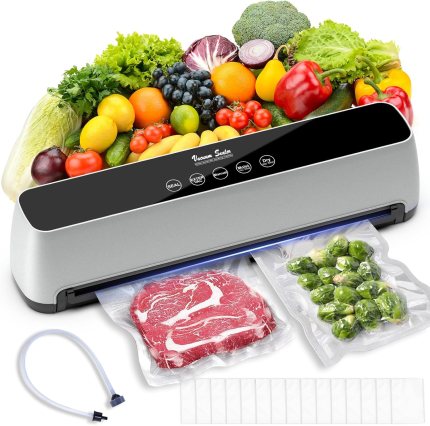 Vacuum Sealer, Compact 80 Kpa One-Touch Full Automatic Vacuum Sealer with LED Touch Screen Indicator Lights, 15 Seal Bags & 1 Air Suction Hose, Air Sealing System for Food Storage Dry/Moist Modes Vacuum Sealer, Compact 80 Kpa One-Touch Full Automatic Vacuum Sealer with LED Touch Screen Indicator Lights, 15 Seal Bags & 1 Air Suction Hose, Air Sealing System for Food Storage Dry/Moist Modes