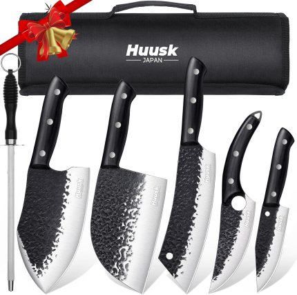 Huusk 7pcs Kitchen Knife Set – Japanese Hand Forged Cleaver & Serbian Knife & Butcher Knives & Viking Knives & Meat Knife with Sharpener for Outdoor BBQ Camping Huusk 7pcs Kitchen Knife Set – Japanese Hand Forged Cleaver & Serbian Knife & Butcher Knives & Viking Knives & Meat Knife with Sharpener for Outdoor BBQ Camping