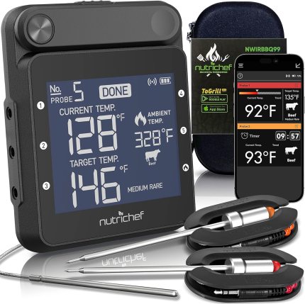 NutriChef WiFi Grill Meat Thermometer, Wireless Dual Smart Probes, Alarm Indoor from Outdoor Barbecue Smoker, Compatible with Any Smartphone, Rechargeable Meter for Outside BBQ Grilling NutriChef WiFi Grill Meat Thermometer, Wireless Dual Smart Probes, Alarm Indoor from Outdoor Barbecue Smoker, Compatible with Any Smartphone, Rechargeable Meter for Outside BBQ Grilling