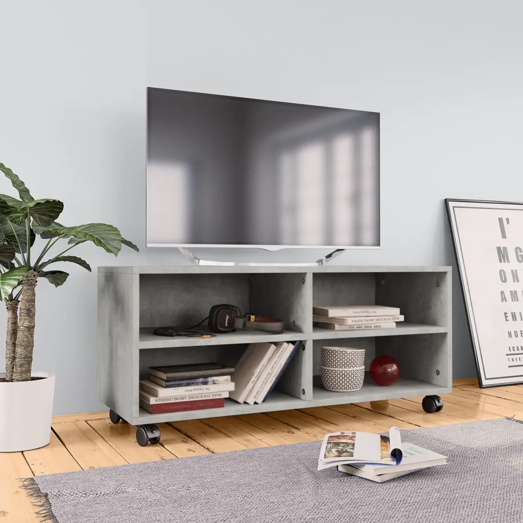 vidaXL Tv-bänk med hjul betonggrå 90x35x35 cm konstruerat trä