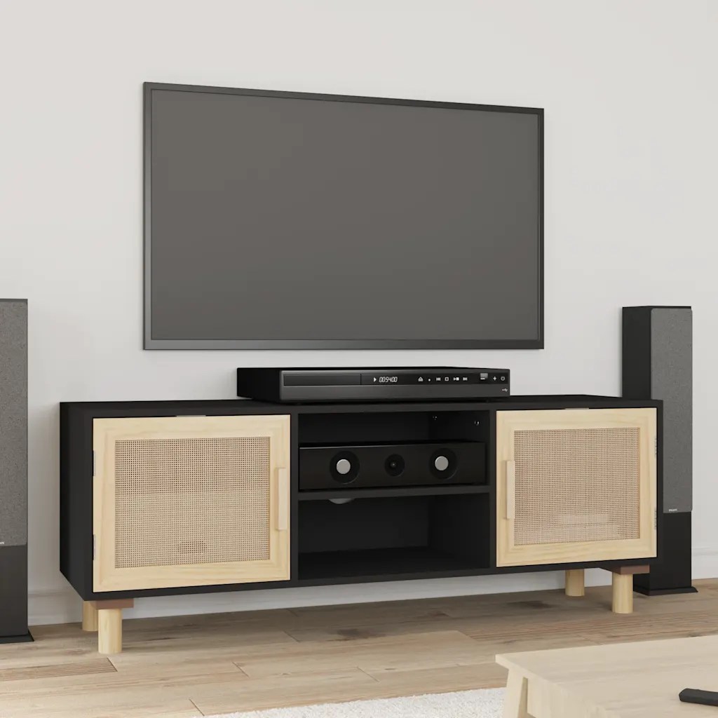 vidaXL Tv-bänk svart 105x30x40 cm massiv furu & naturlig rotting