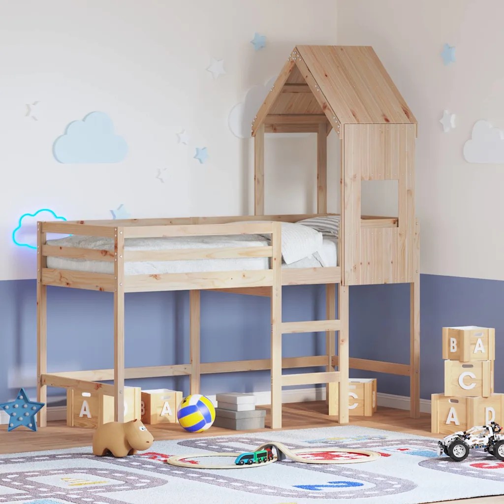 vidaXL Våningssäng med stege och tak 90×190 cm massiv furu