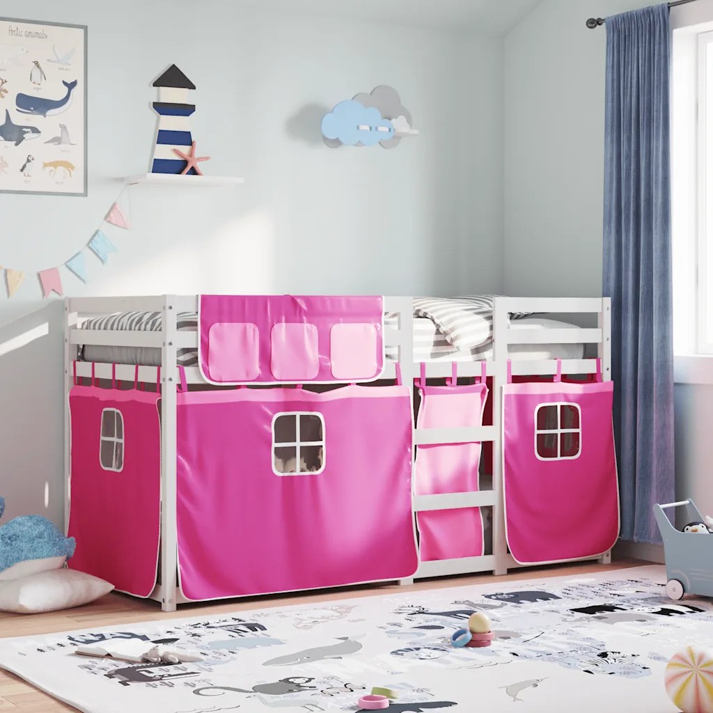 vidaXL Loftsäng med rutschkana rosa 75×190 cm massiv furu