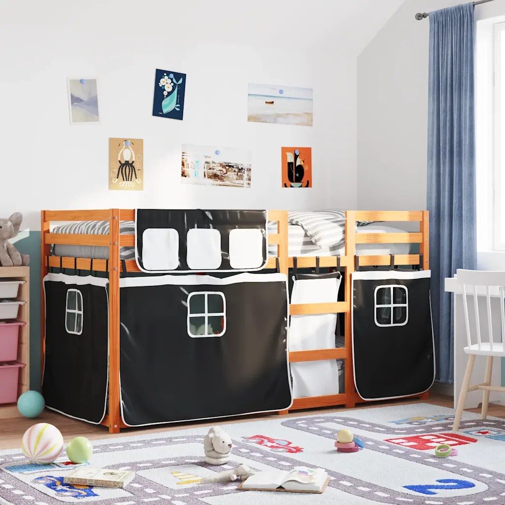 vidaXL Loftsäng med gardiner vit&svart 75×190 cm massiv furu