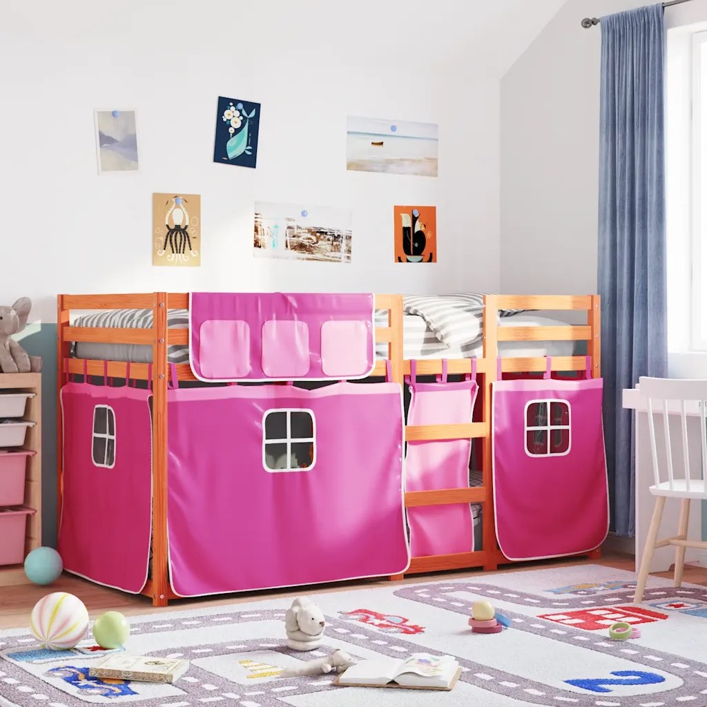 vidaXL Loftsäng med rutschkana rosa 75×190 cm massiv furu