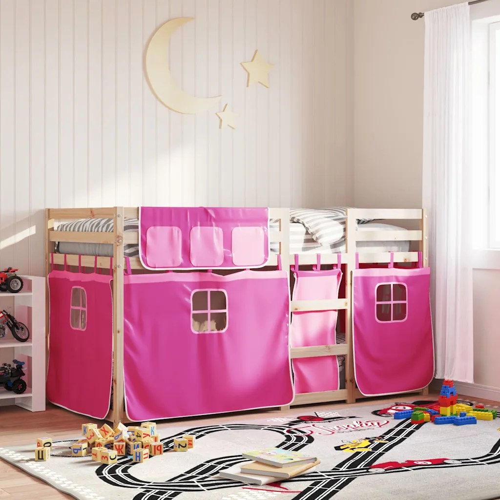 vidaXL Loftsäng med rutschkana rosa 90×200 cm massiv furu