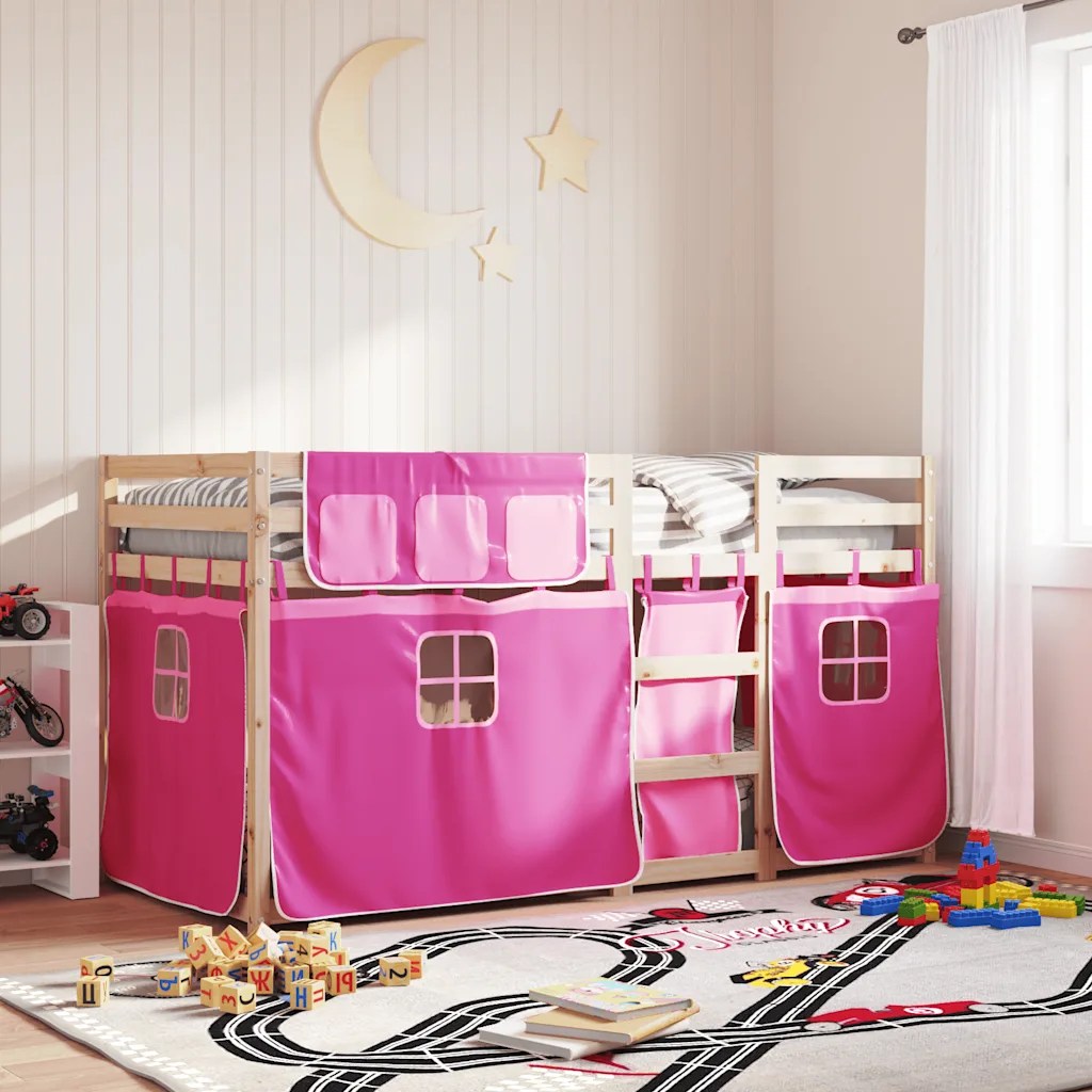 vidaXL Loftsäng med rutschkana rosa 90×190 cm massiv furu