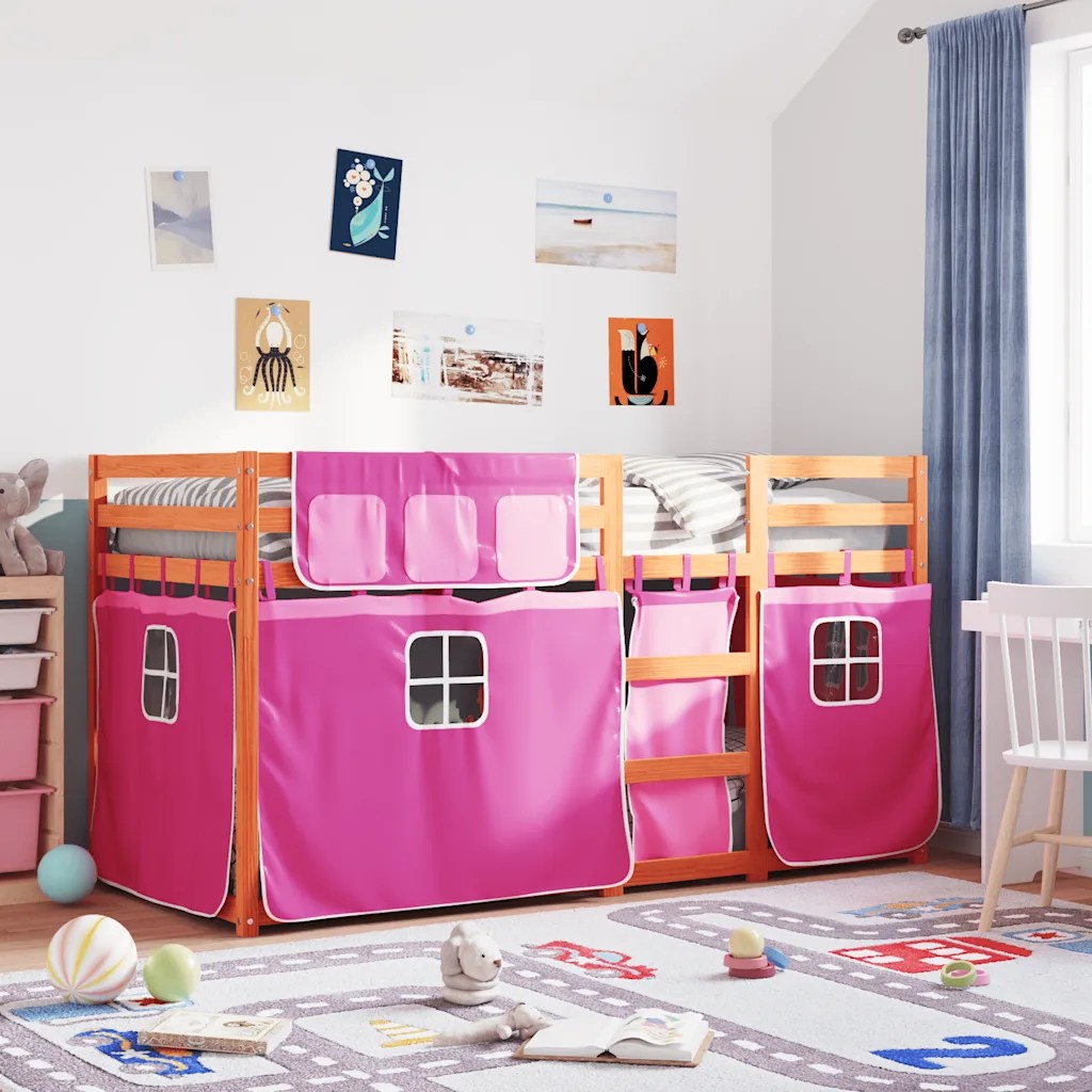 vidaXL Loftsäng med rutschkana rosa 90×190 cm massiv furu