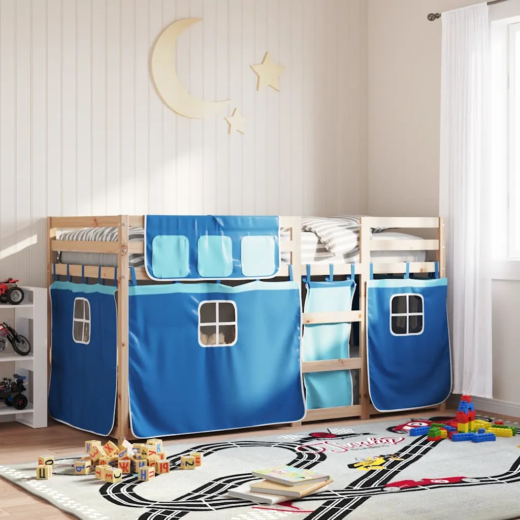 vidaXL Loftsäng med rutschkana blå 80×200 cm massiv furu