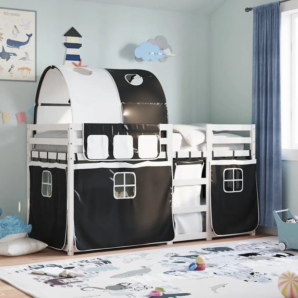 vidaXL Loftsäng med gardiner vit&svart 75×190 cm massiv furu