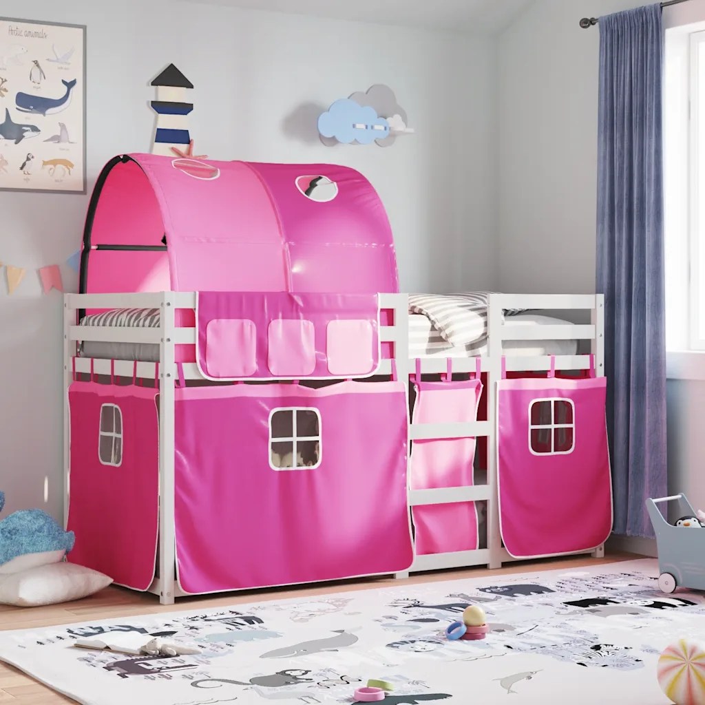 vidaXL Loftsäng med rutschkana rosa 75×190 cm massiv furu
