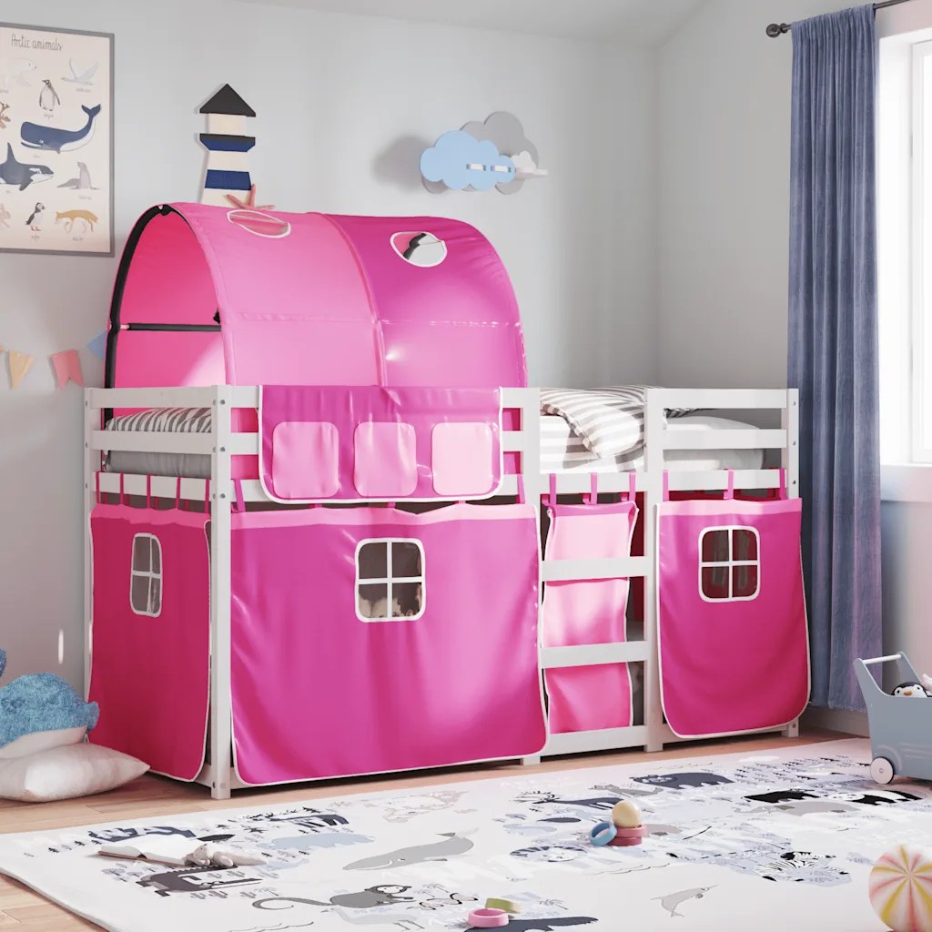 vidaXL Loftsäng med rutschkana rosa 90×190 cm massiv furu