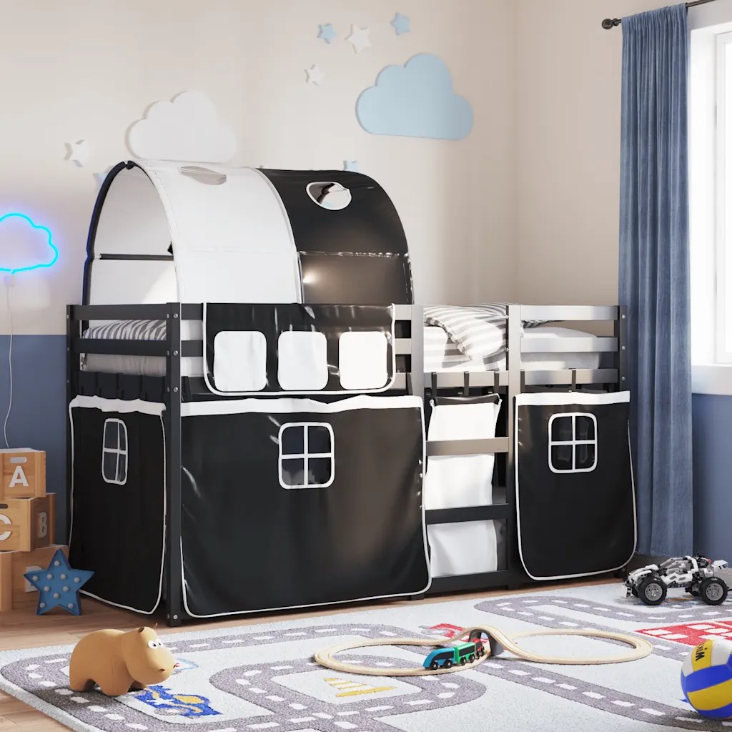 vidaXL Loftsäng med gardiner vit&svart 90×190 cm massiv furu