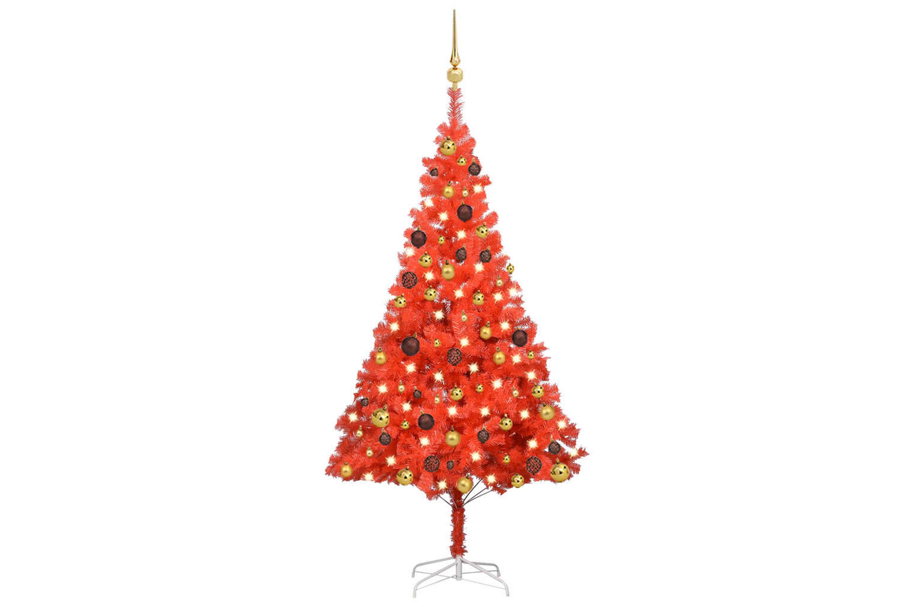 Plastgran med LED och julgranskulor röd 150 cm PVC –