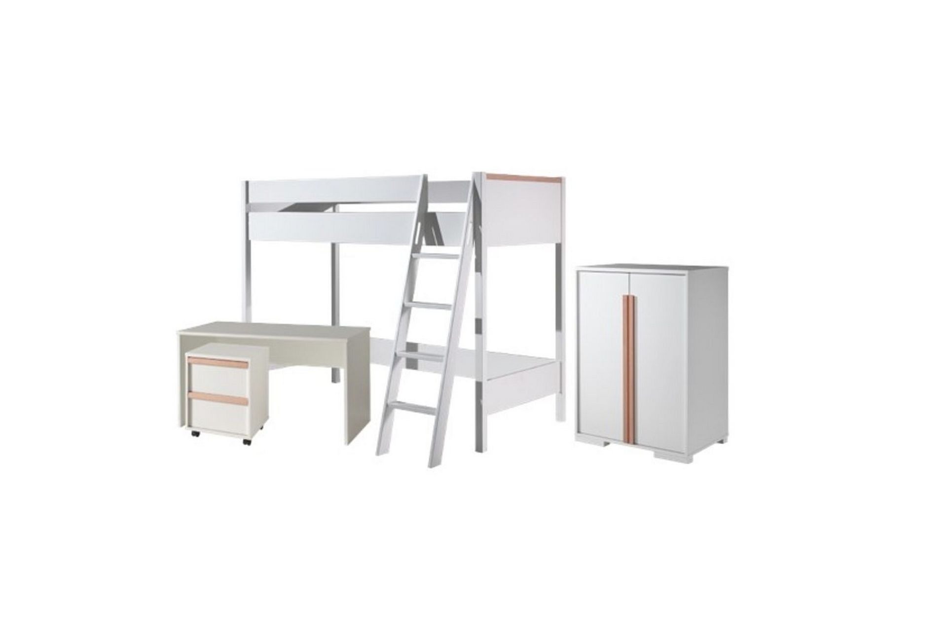 Garderob med halvhög säng skrivbord vagn London Vit – Vit