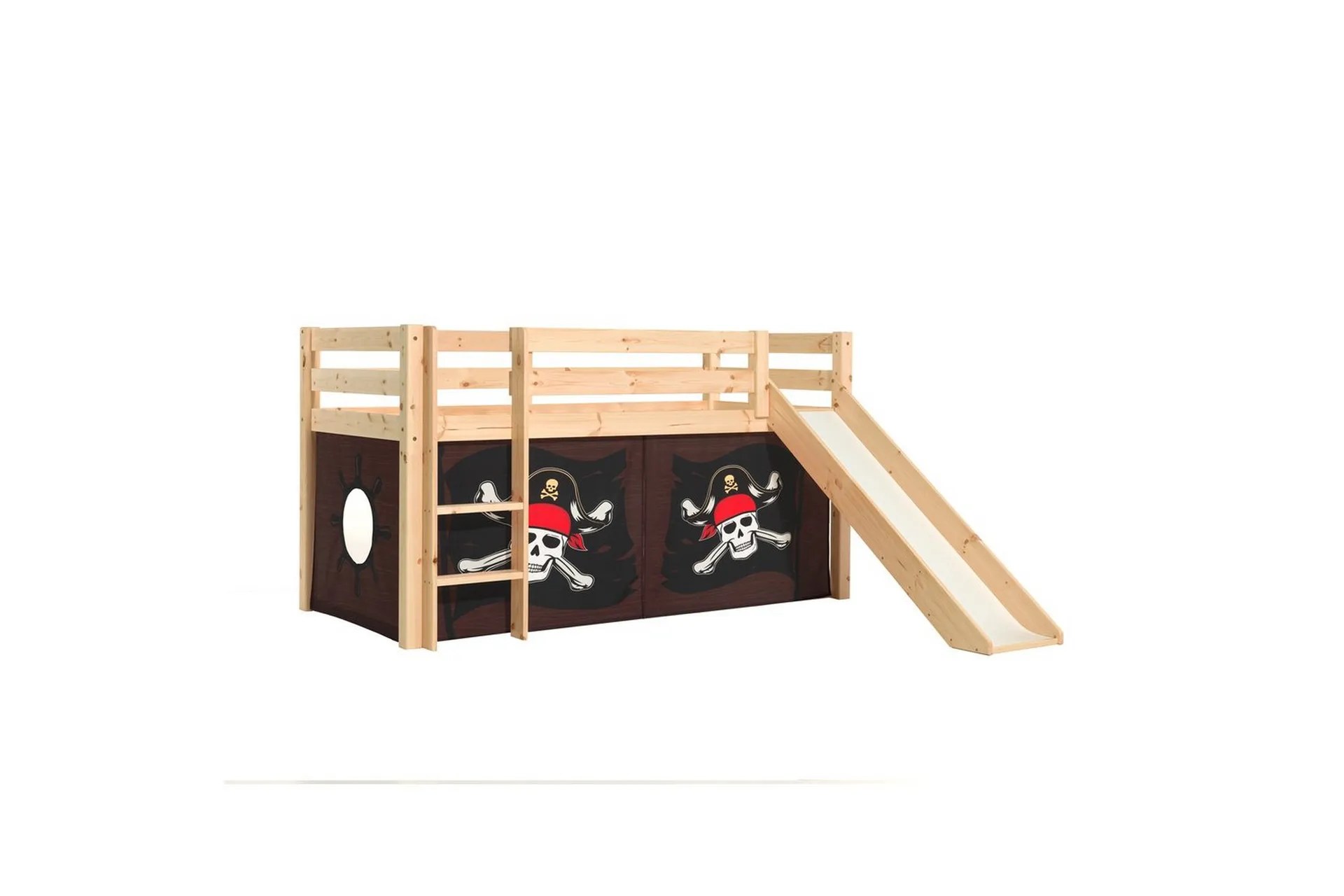 Halvhög Säng med gardin och rutschkana Pino Naturlig, Karibiska Pirater – Naturlig, Karibiska Pirater