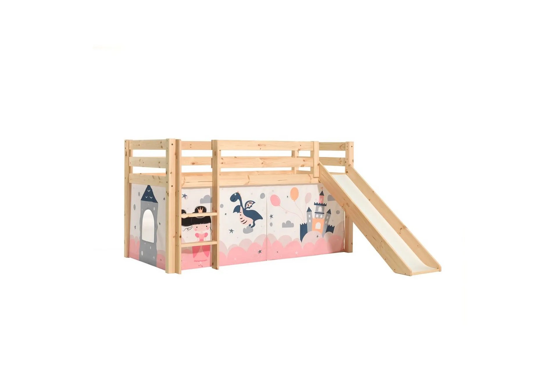 Halvhög Säng med gardin och rutschkana Pino Naturlig, Prinsessa sophie – Naturlig, Prinsessa sophie