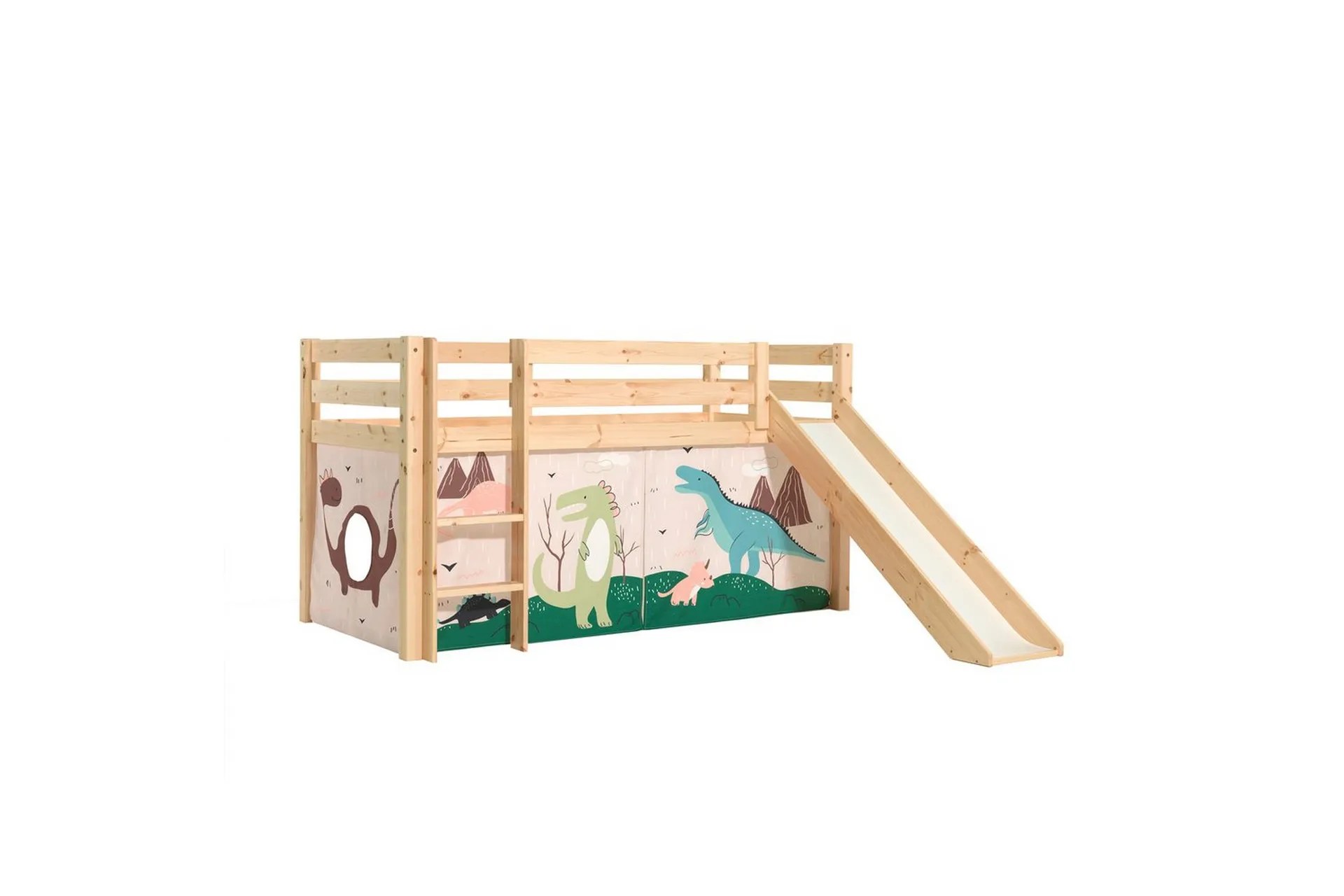 Halvhög Säng med gardin och rutschkana Pino Naturlig, Dino – Naturlig, Dino
