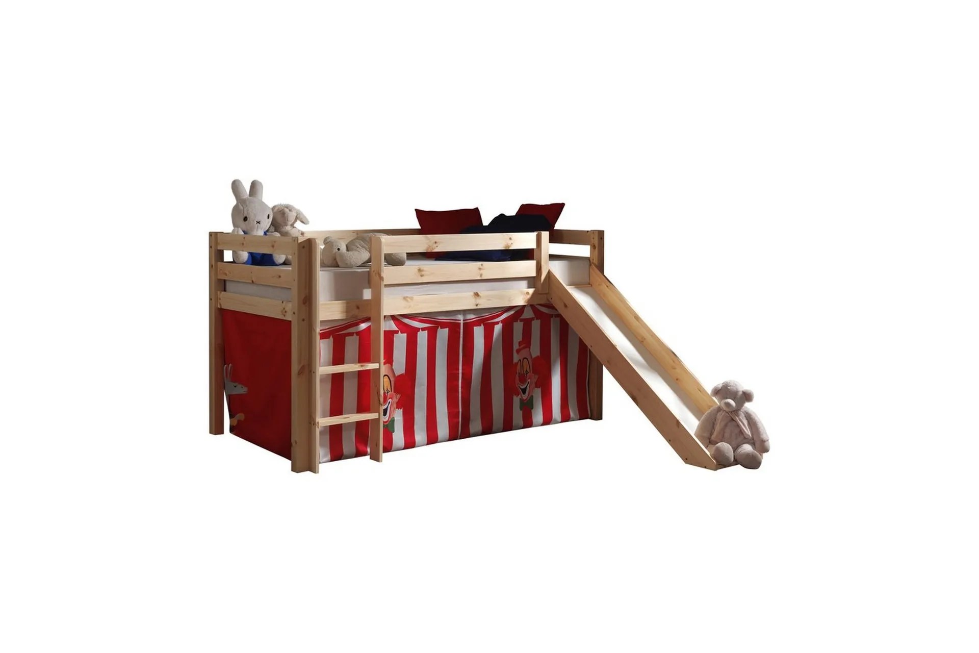 Halvhög Säng med gardin och rutschkana Pino Naturlig, Chucky – Naturlig, Chucky
