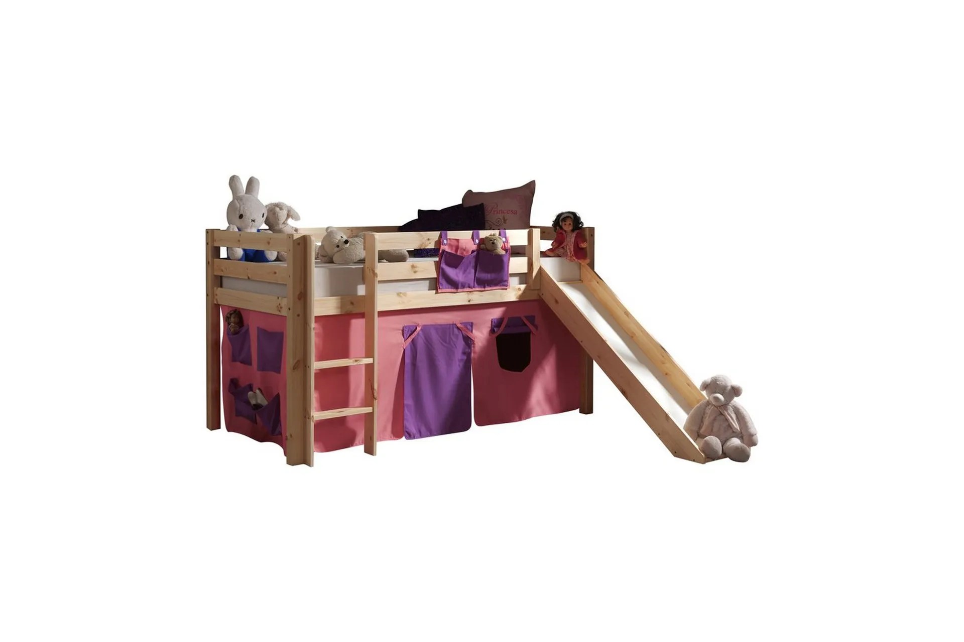 Halvhög Säng med gardin och rutschkana Pino Naturlig, Bella – Naturlig, Bella