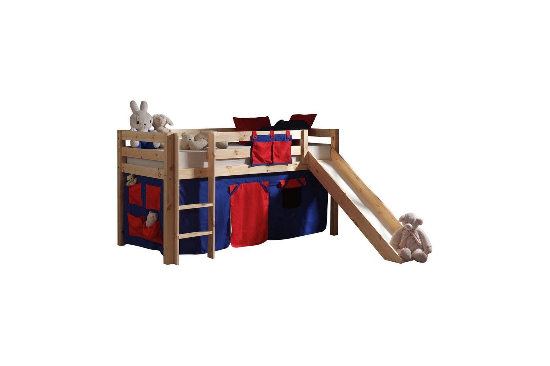 Halvhög Säng med gardin och rutschkana Pino Naturlig, Domino – Naturlig, Domino