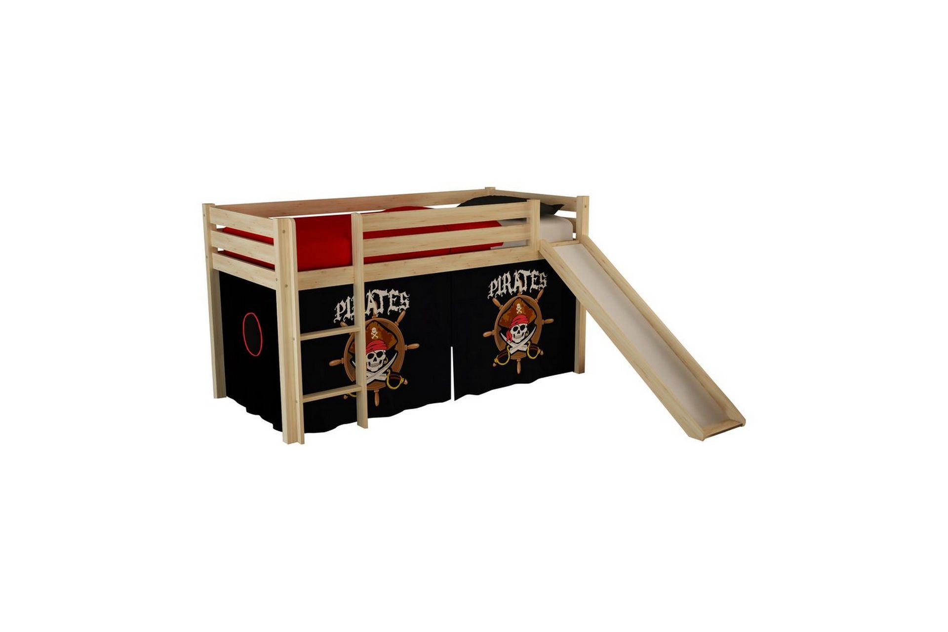 Halvhög Säng med gardin och rutschkana Pino Naturlig, Pirat – Naturlig, Pirat