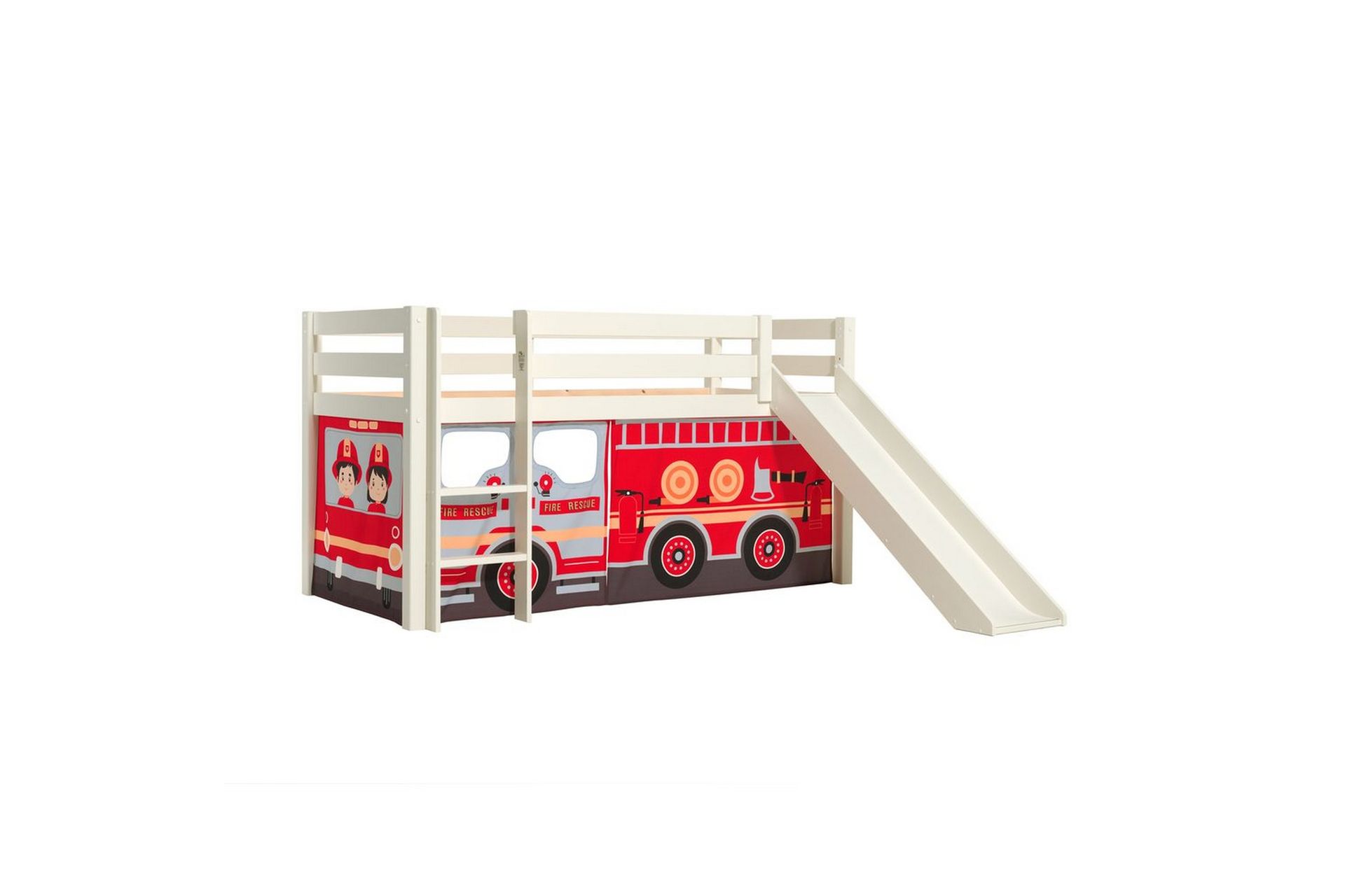 Halvhög Säng med gardin och rutschkana Pino Vit, Brandbil – Vit, Brandbil