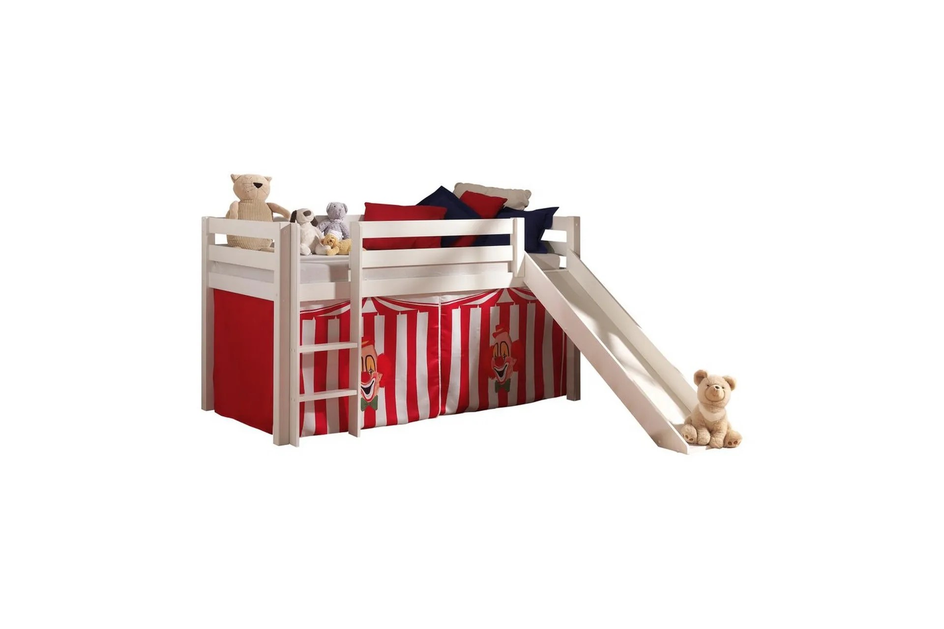 Halvhög Säng med gardin och rutschkana Pino Vit, Chucky – Vit, Chucky