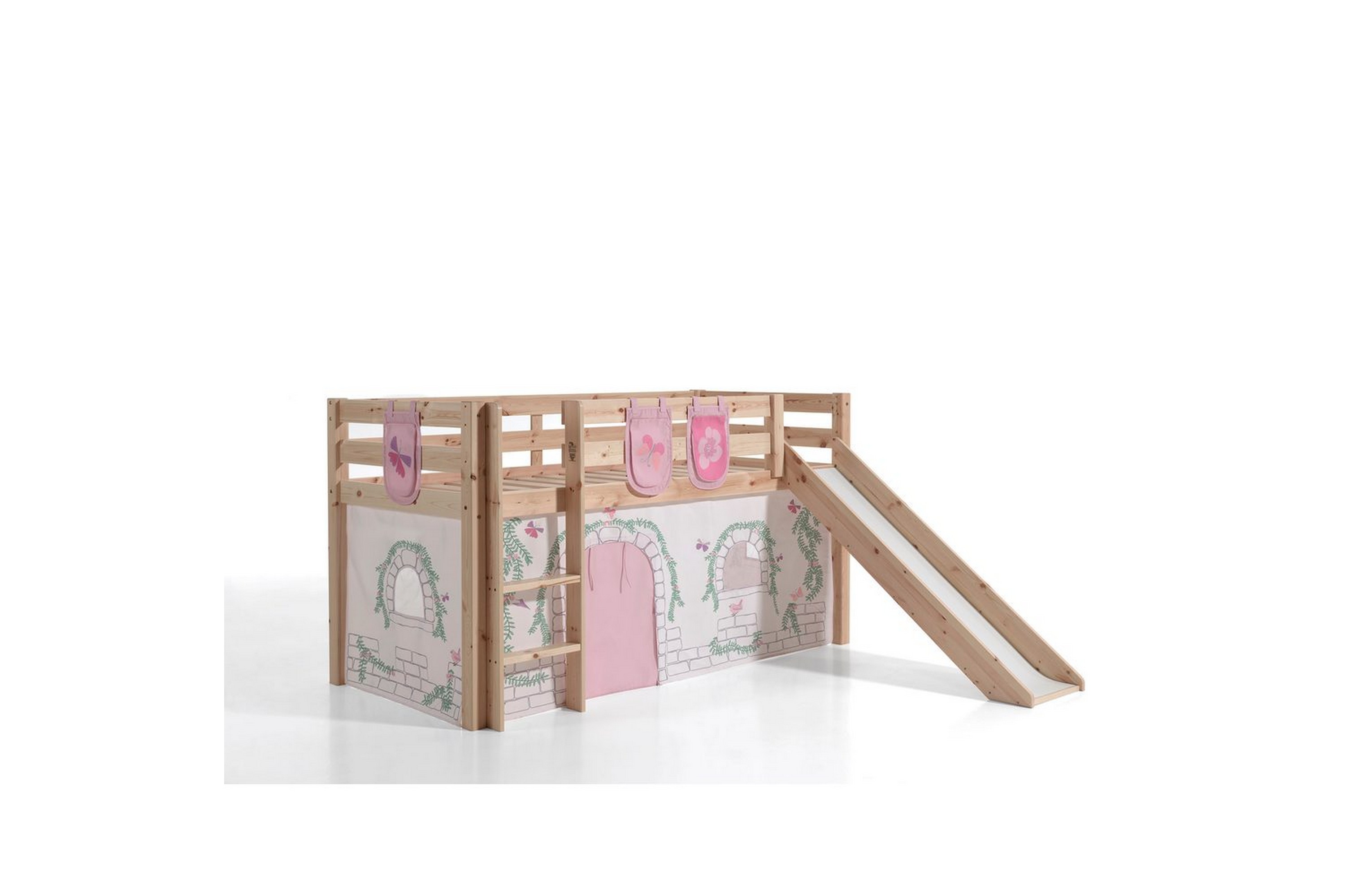 Halvhöjdssäng med gardin Pino Birdy Naturlig, Naturlig, Med rutschkana, Utan tunnel, 3 – Naturlig, Naturlig, Med rutschkana, Utan tunnel, 3