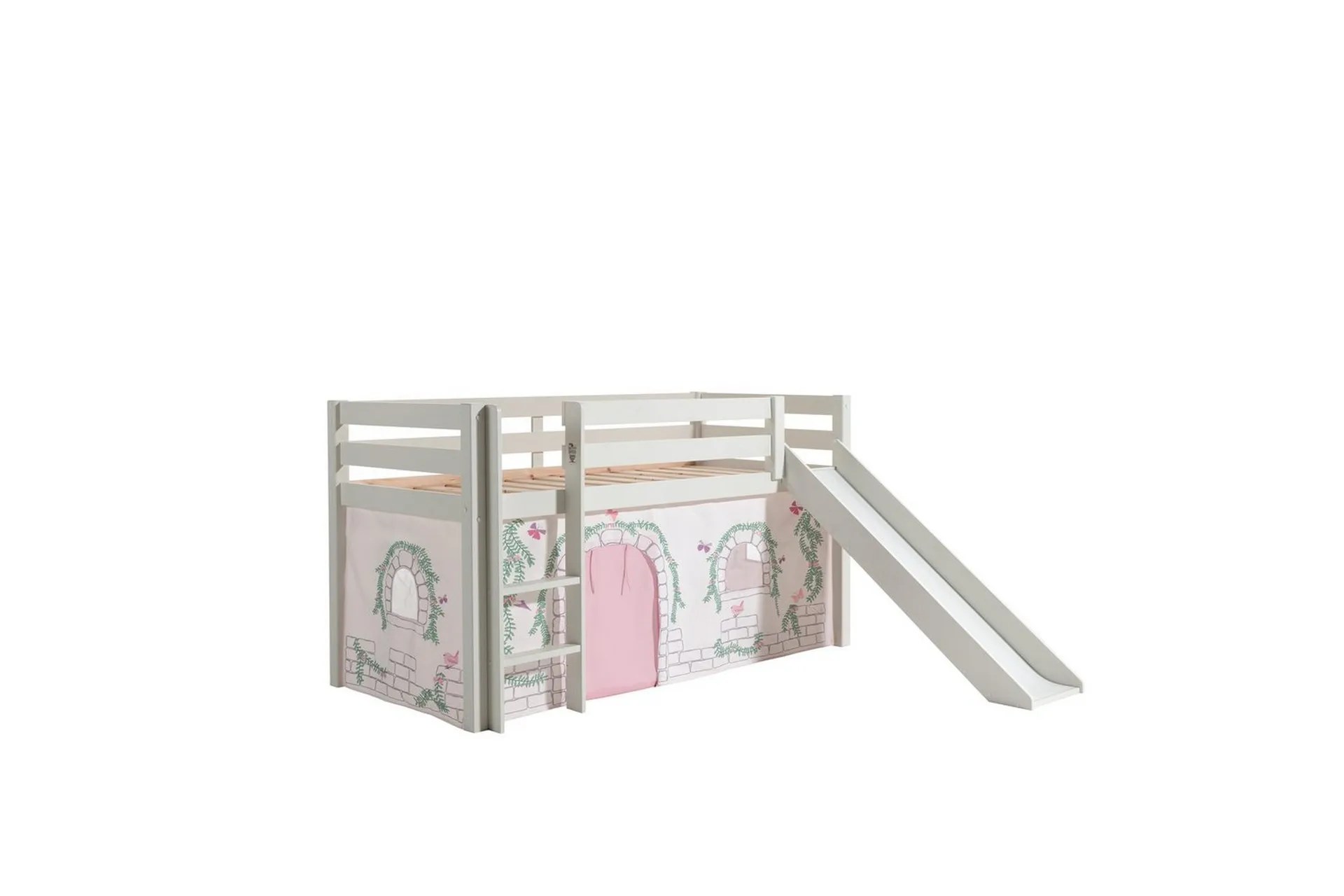 Halvhöjdssäng med gardin Pino Birdy Vit, Vit, Med rutschkana, Utan tunnel, Inga fickor – Vit, Vit, Med rutschkana, Utan tunnel, Inga fickor