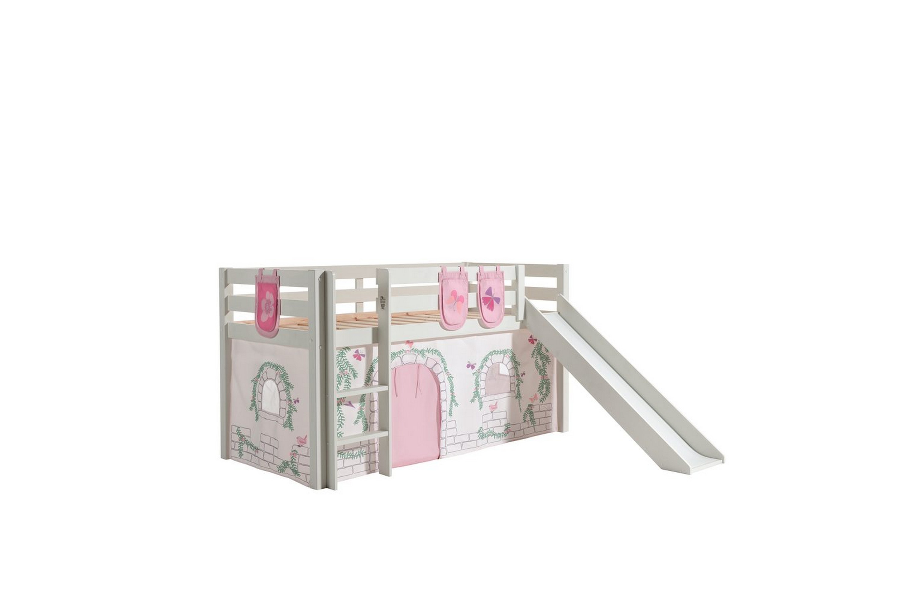 Halvhöjdssäng med gardin Pino Birdy Vit, Vit, Med rutschkana, Utan tunnel, 3 – Vit, Vit, Med rutschkana, Utan tunnel, 3