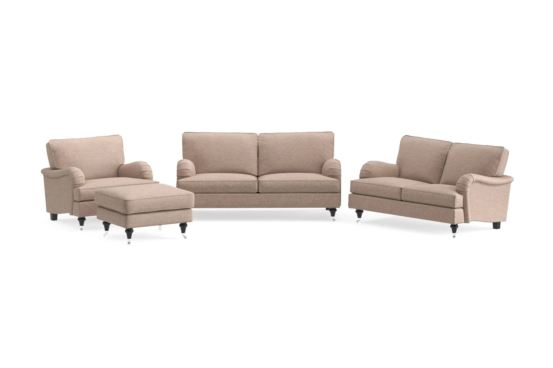 Howard Classic Soffgrupp 2-sits + Liten 2-sits Soffa + Fåtölj + Fotpall i Tyg – Mörkbeige