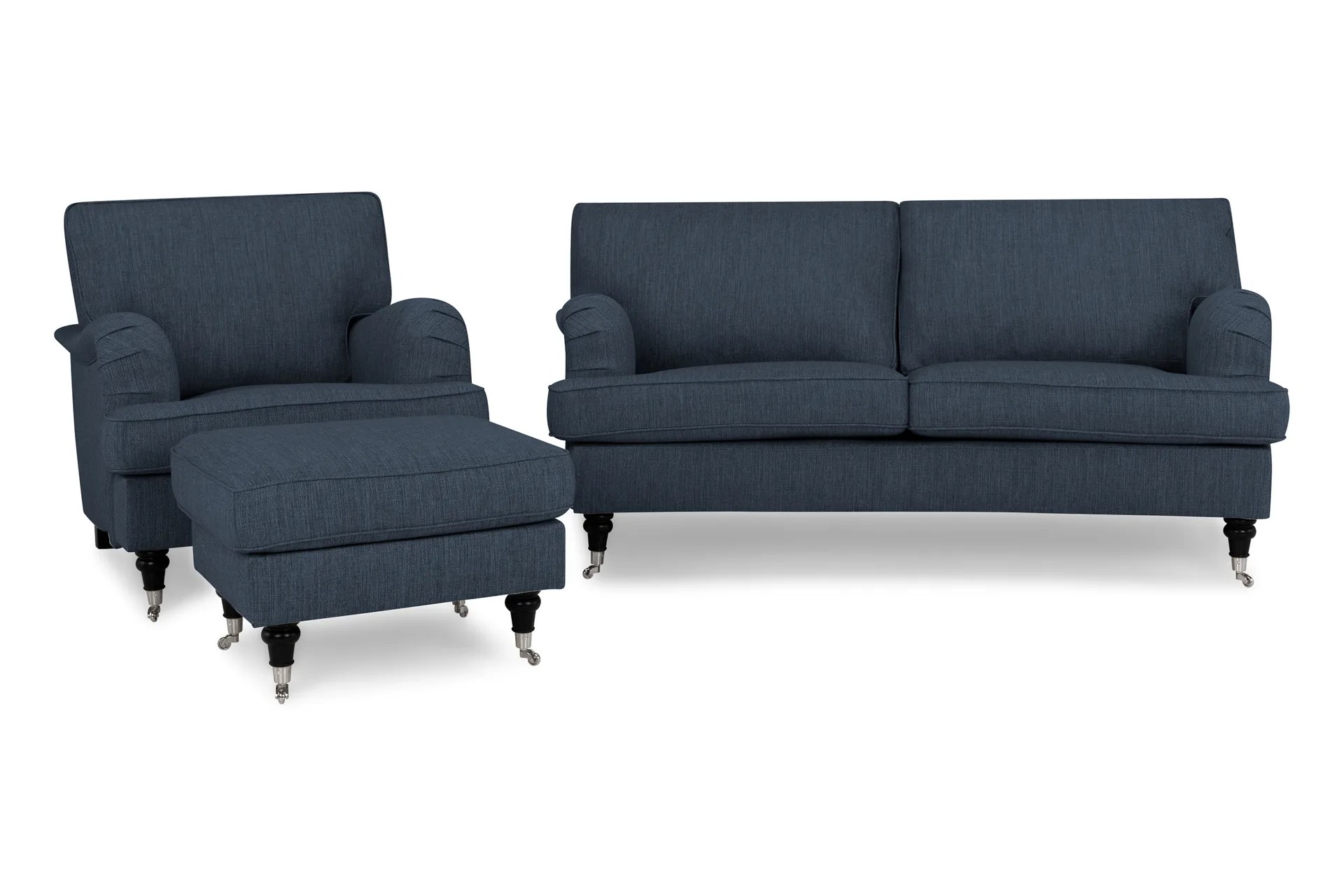 Howard Classic Soffgrupp 2-sits Svägd Soffa + Fåtölj + Fotpall i Tyg – Blå