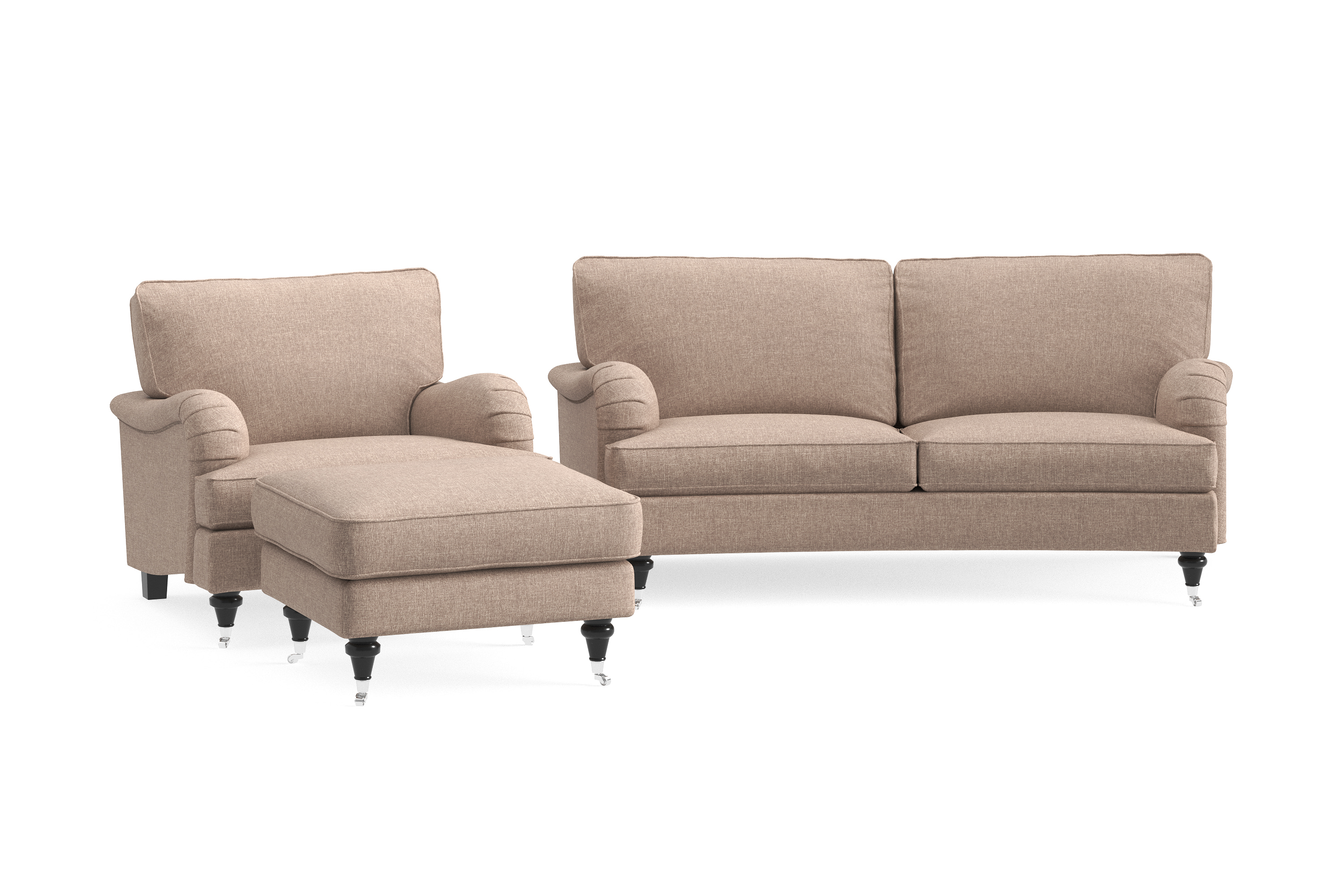 Howard Classic Soffgrupp 2-sits Svängd Soffa + Fåtölj + Fotpall i Tyg – Mörkbeige