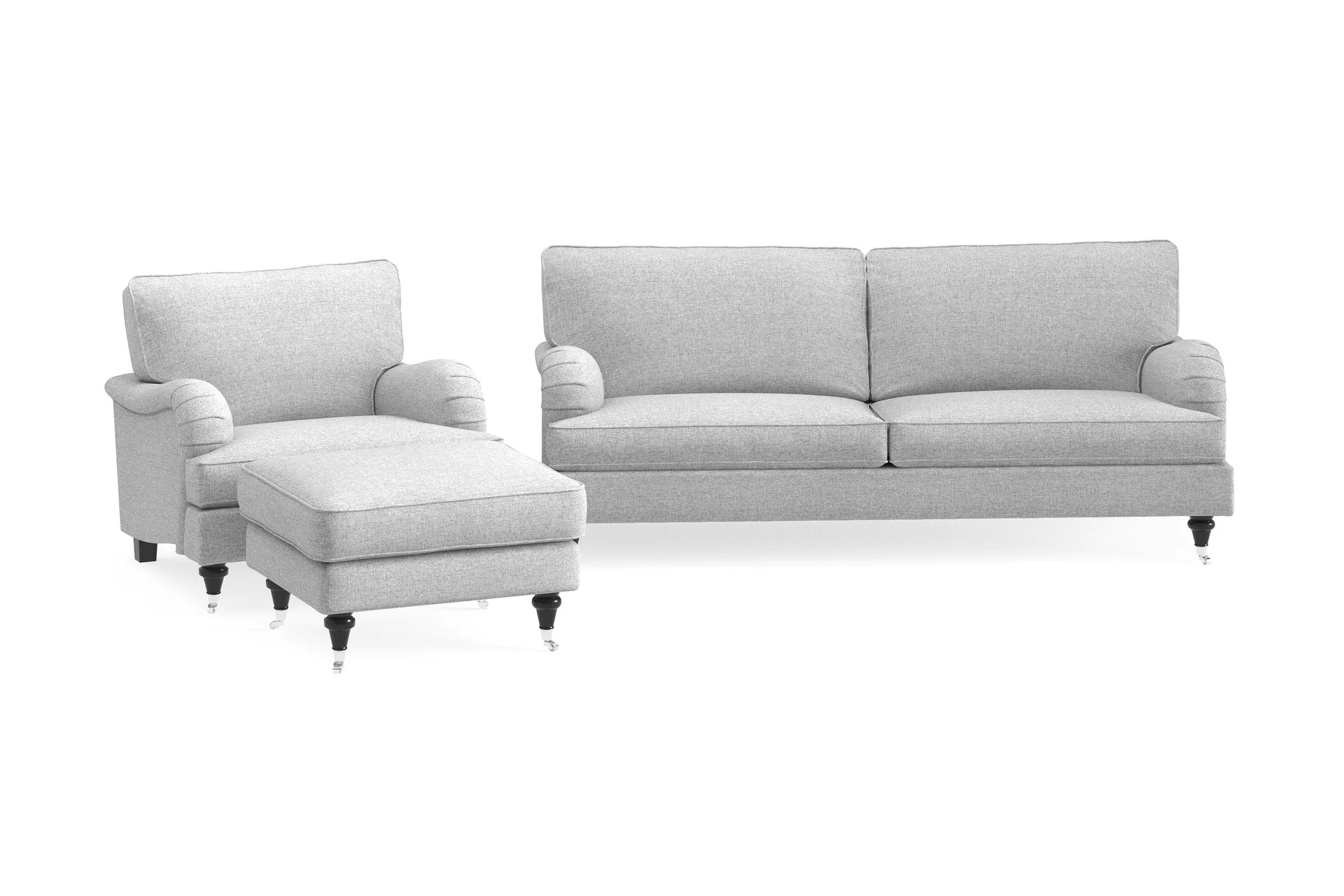 Howard Classic Soffgrupp 3-sits Soffa + Fåtölj + Fotpall i Tyg – Grå