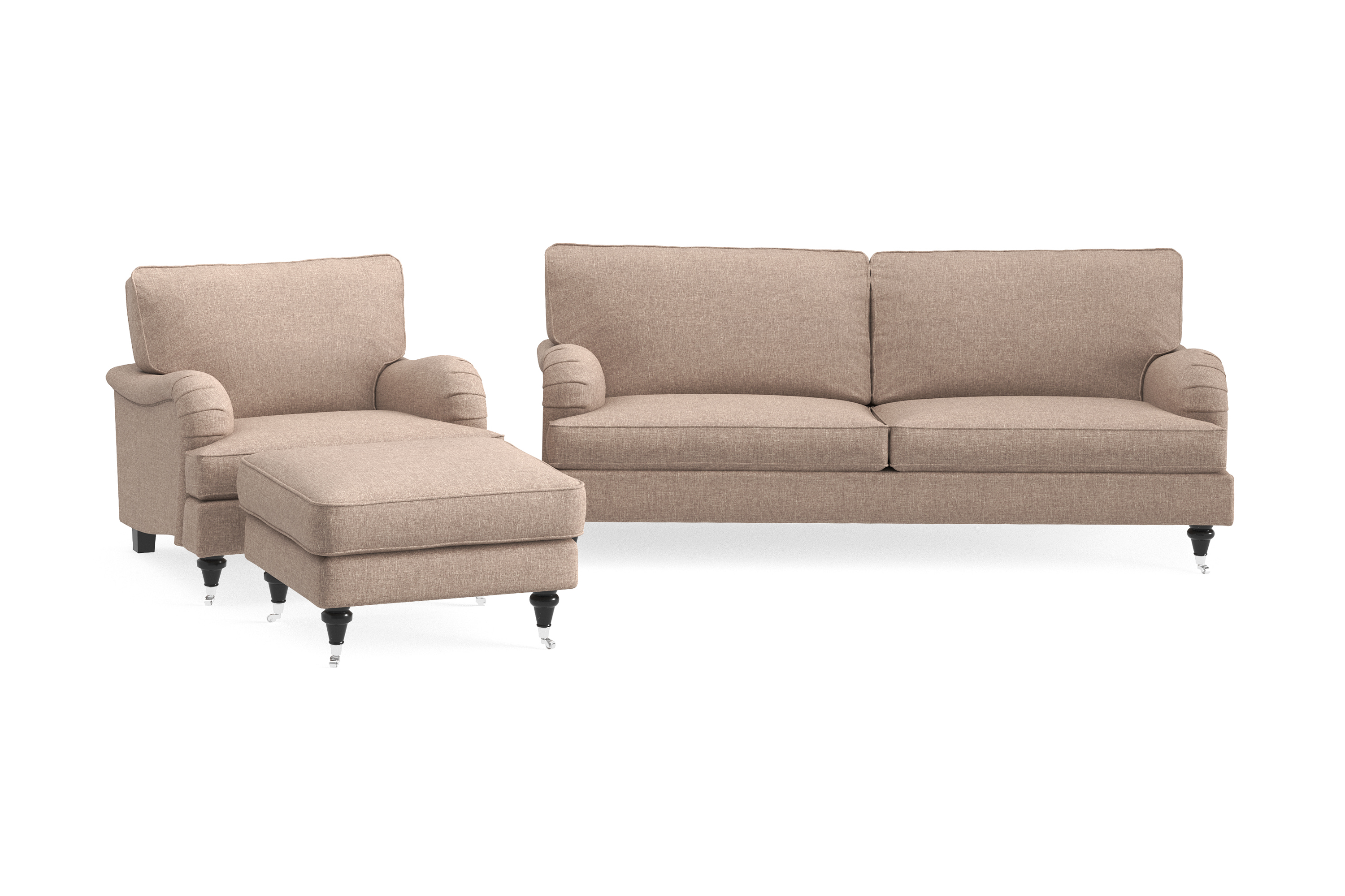Howard Classic Soffgrupp 3-sits Soffa + Fåtölj + Fotpall i Tyg – Mörkbeige