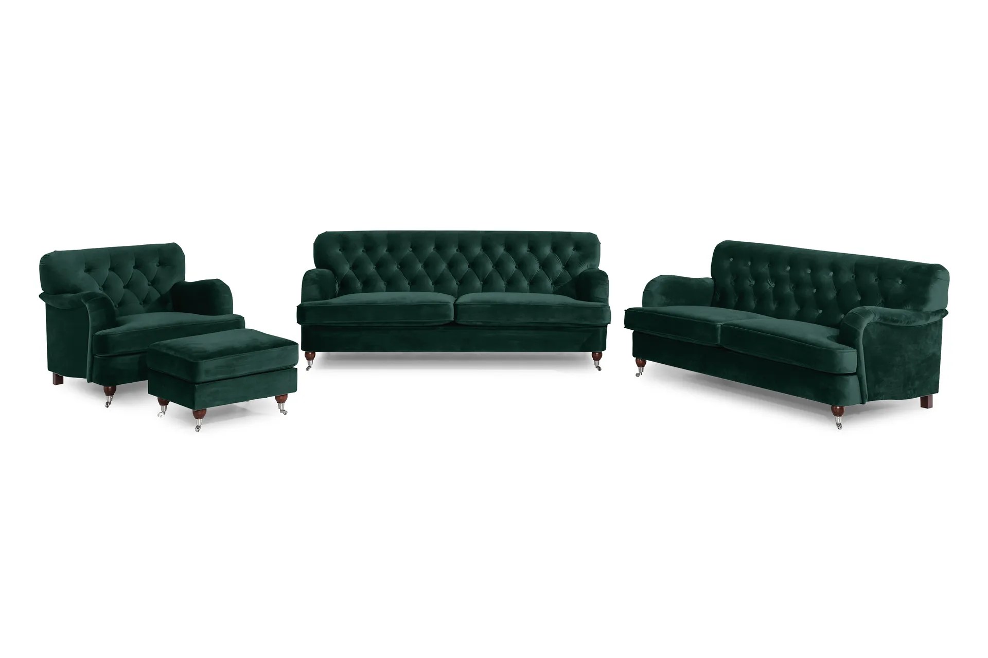 Howard Riviera Soffgrupp 3-sits + 2-sits Soffa + Fåtölj + Fotpall i Sammet – Grön